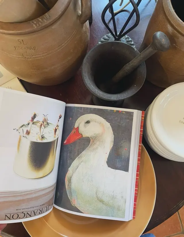 Uppslagen bok med illustration av en gås bland lerkärl och mortel